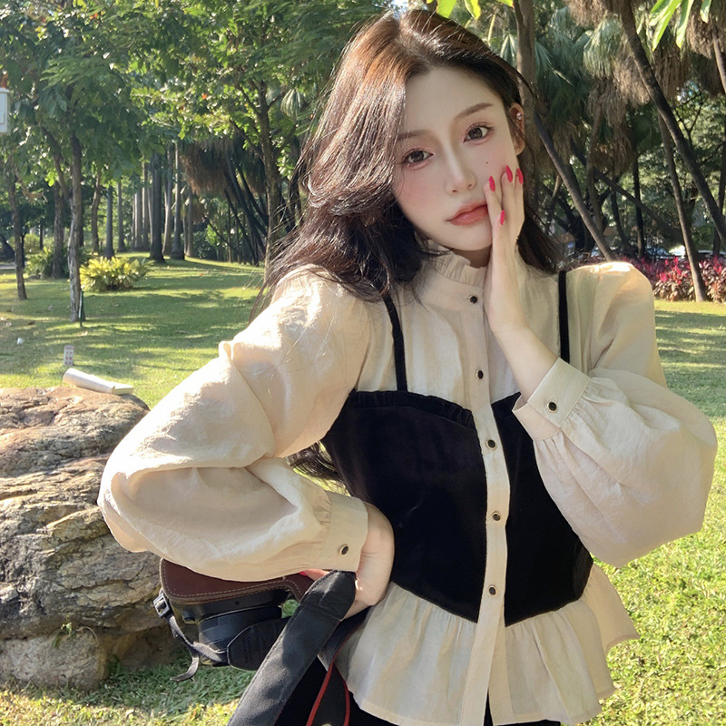 Stitching Fake Two Pieces Stringy Selvedge Stand-up Collar Pleated Shirt Velvet Skirt