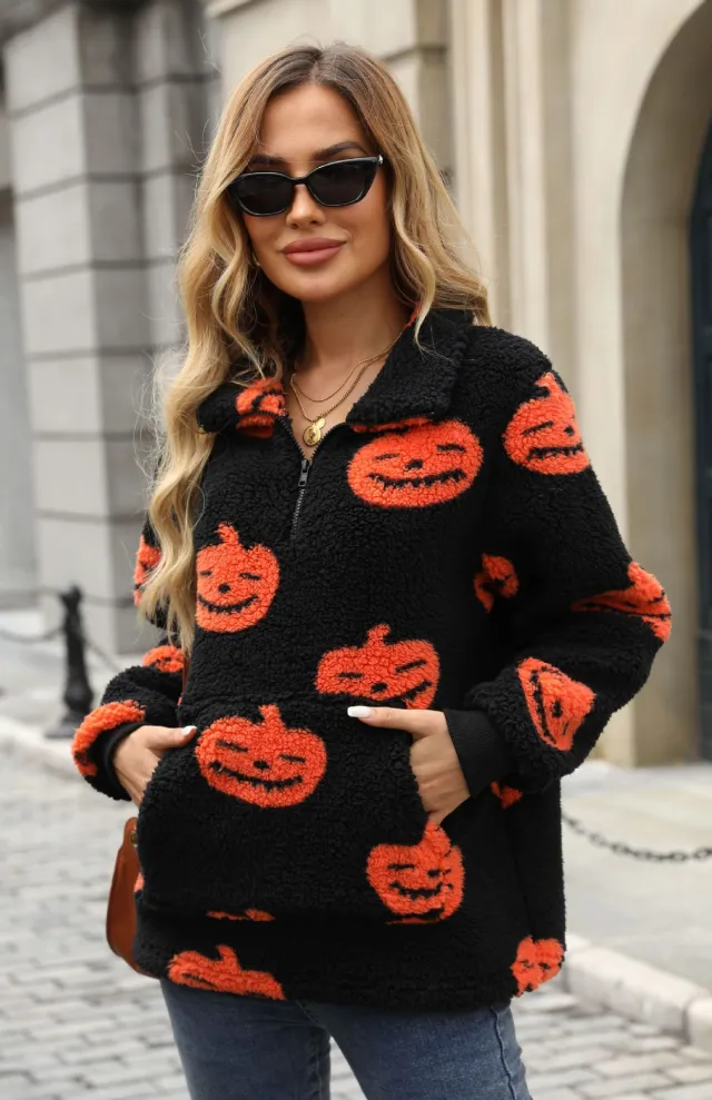 Autumn And Winter New European And American Halloween Pumpkin Print Half Zipper Plush Pullover Sweater Black - Shop at LoveMi
