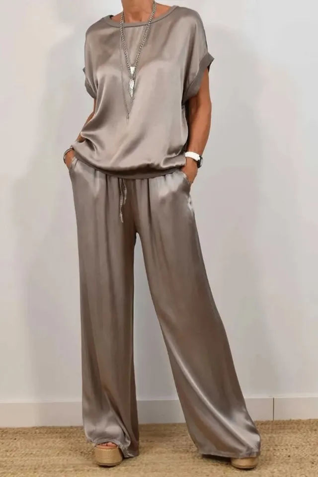 Loose Shirt Wide Leg Pants Casual Suit Gray - Shop at LoveMi