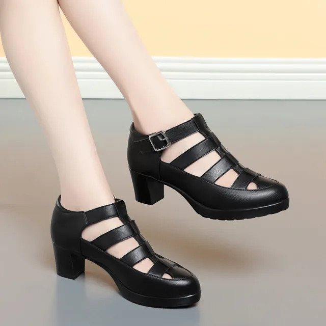 Closed Toe Sandals Summer Chunky Heel Woven Hollowed Ankle strap Buckle Women's Shoes Black - Shop at LoveMi