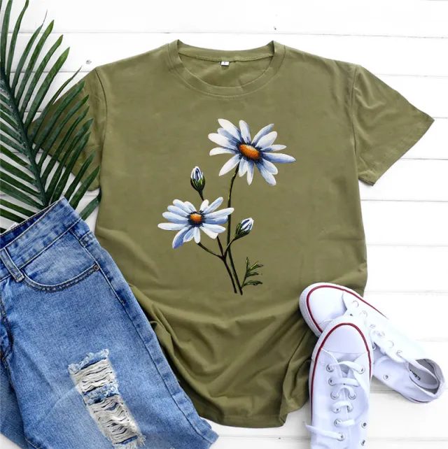 Women's Fashion Flower Print Round Neck Short Sleeve T shirt Army Green - Shop at LoveMi