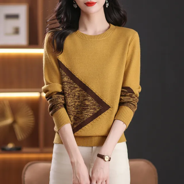 Round Neck Multicolor Sweater Sweaters Women's Clothing Long Sleeve Yellow - Shop at LoveMi