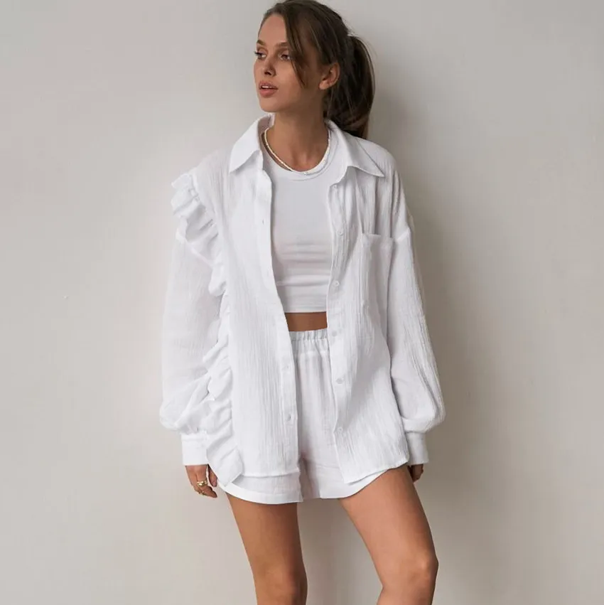 Solid Color Pure Cotton Ruffles Long Sleeve Shorts Suit - White