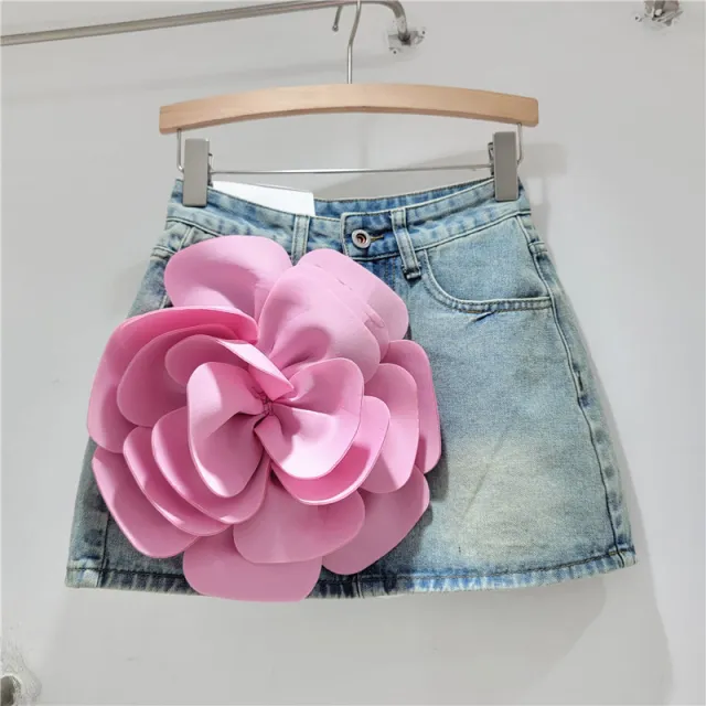 Design Flower High Waist Denim Skirt Women's A Line Shorts Sheath Culottes Skirt Blue H019 - Shop at LoveMi