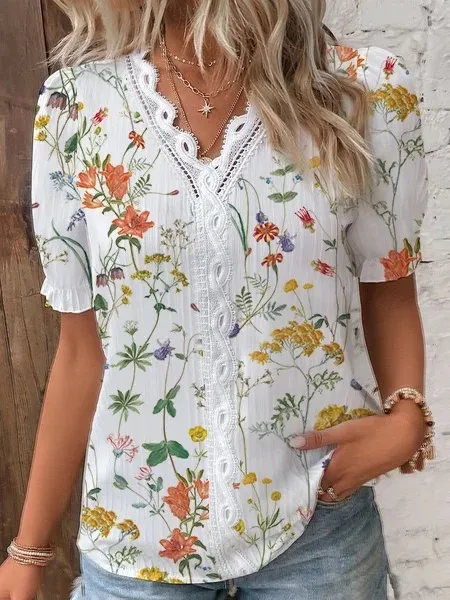 Summer V neck Lace Stitching Printing Shirt For Women Orange - Shop at LoveMi