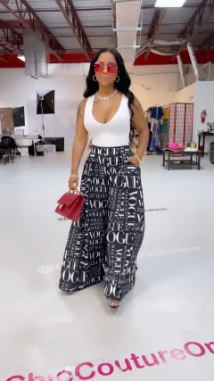 Printed Letter Wide-leg Loose Mid Waist Casual Women's Fashionable All-match Slimming Pants - Black - View 1