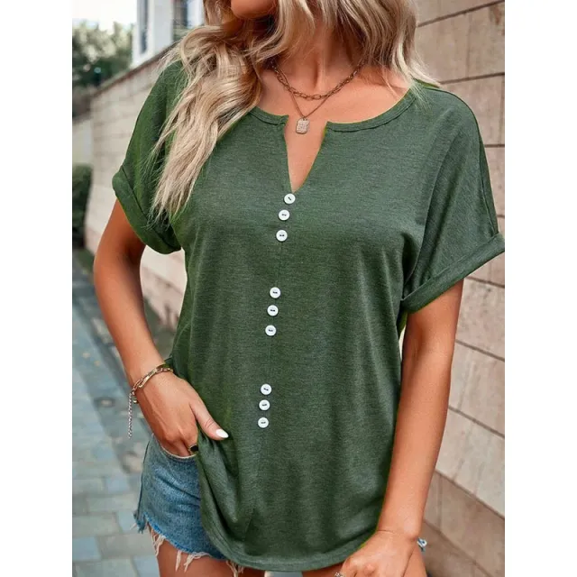 Women's Clothes Hot selling V neck Buttons Short Sleeve Top Green - Shop at LoveMi