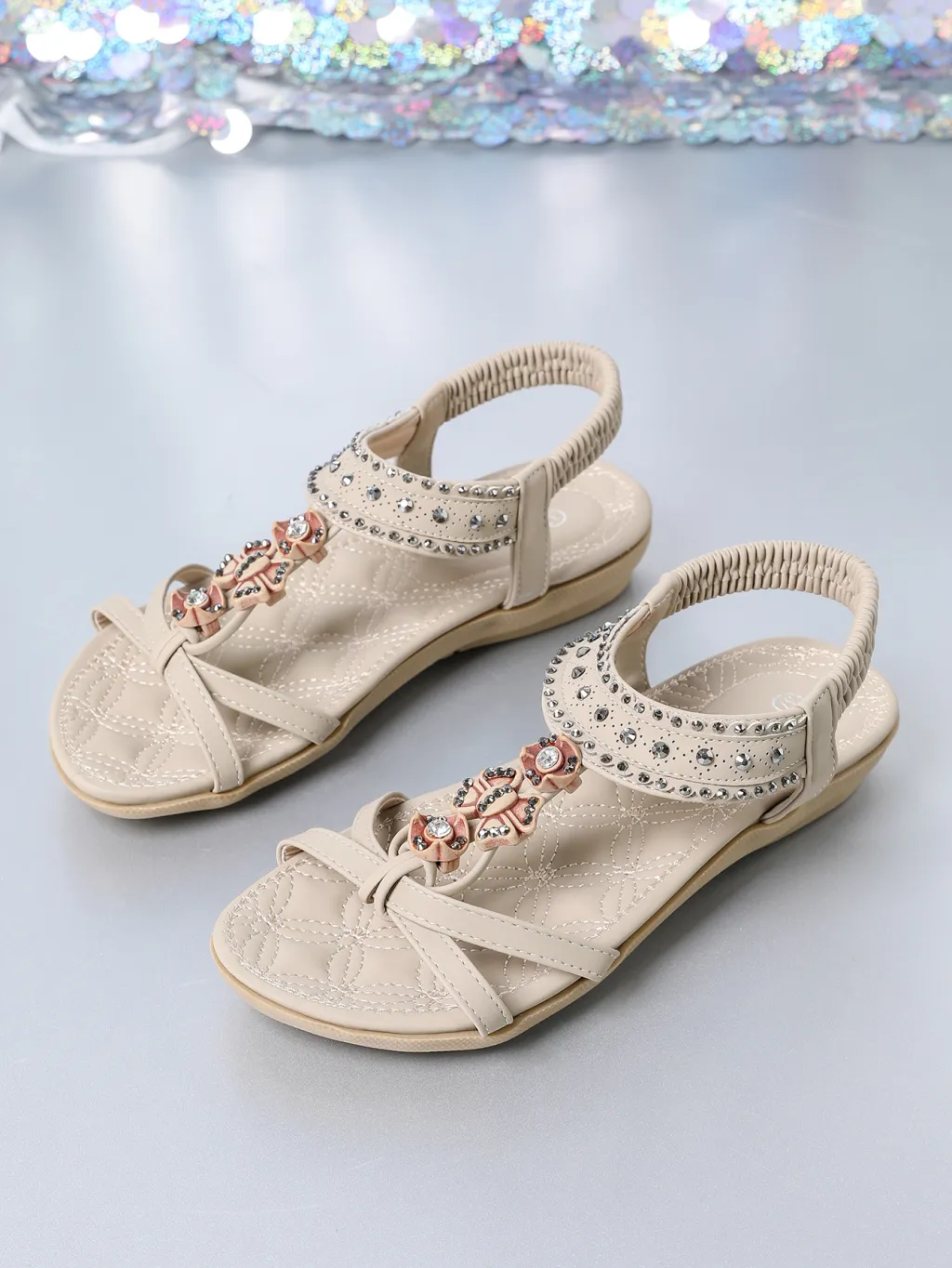 Women's Flat Sandals Plus Size Diamond Casual Shoes - Apricot