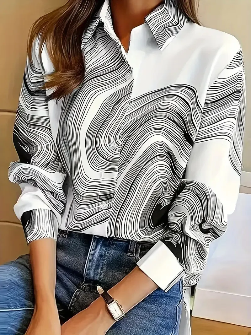 Women's Color Matching Casual Loose Button Digital Printing Shirt - Style09-2Xl