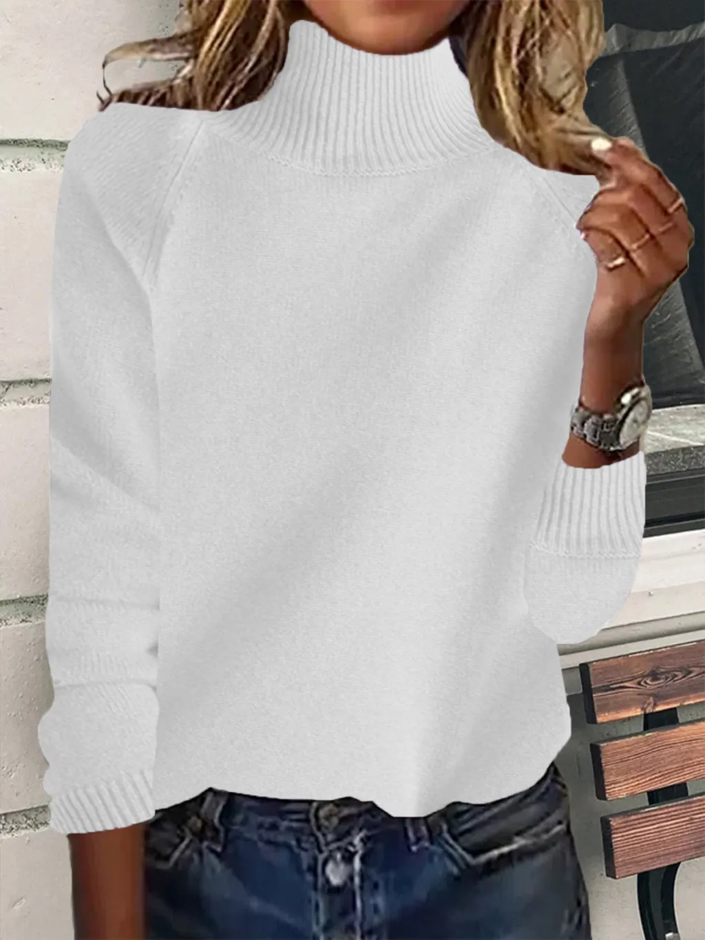 Women's Raglan Turtleneck Sweater Thickened High Stand Collar - White