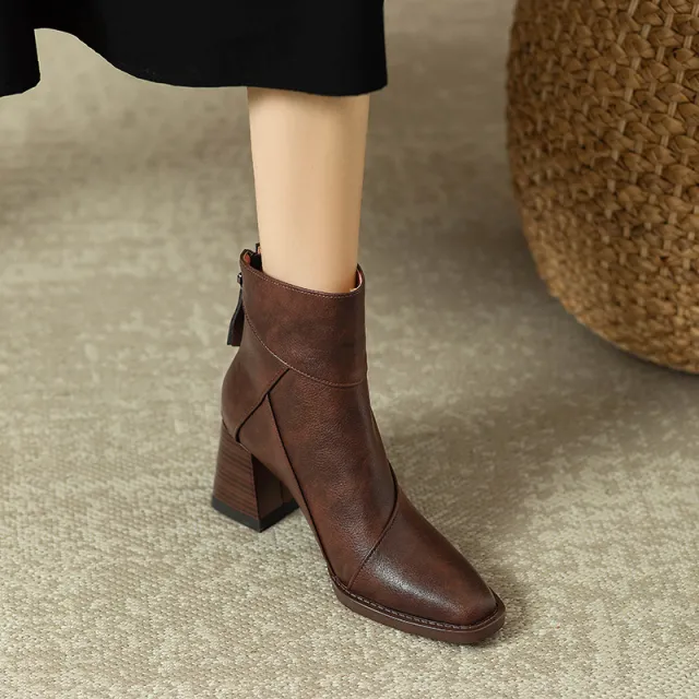 Women's Chunky Heel Boots Brown British Style Retro Brown - Shop at LoveMi