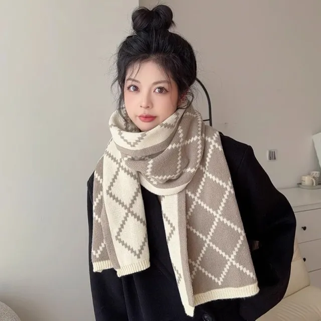 Diamond Plaid Scarf Winter Student Couple Thickened Warm Wool Scarf Khaki - Shop at LoveMi