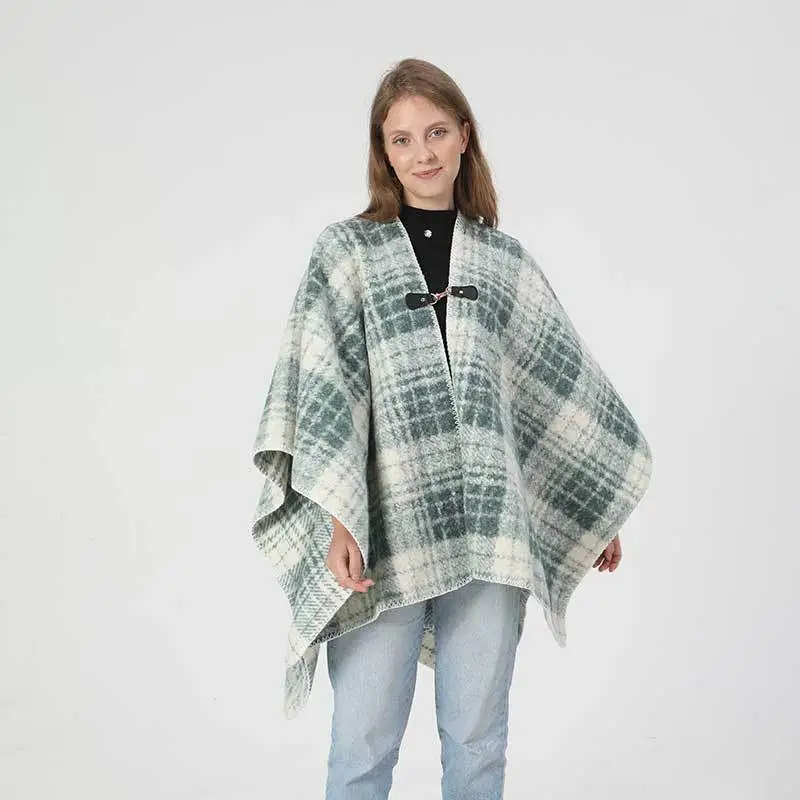 Spring, Autumn And Winter Air Conditioning Blanket Warm Cloak Women's High-grade Classic Plaid Elegant Shawl - Blue And Green
