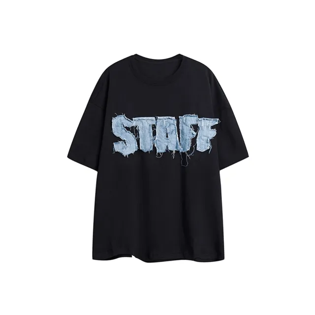 Vintage Patch Embroidered T shirt Men And Women Unisex Style Loose Short Sleeve Black - Shop at LoveMi
