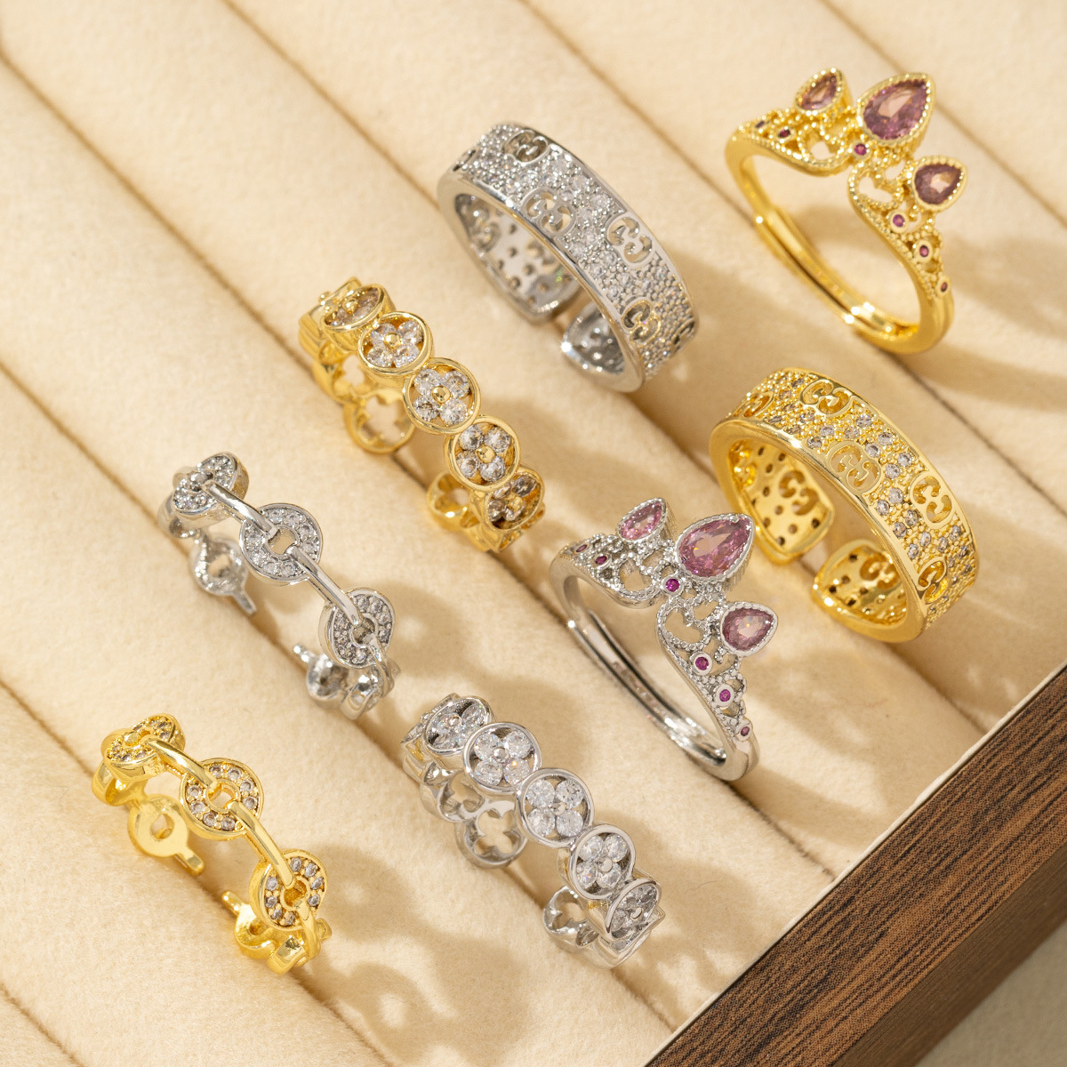 Copper Coin Zircon Design Open Adjustable Ring