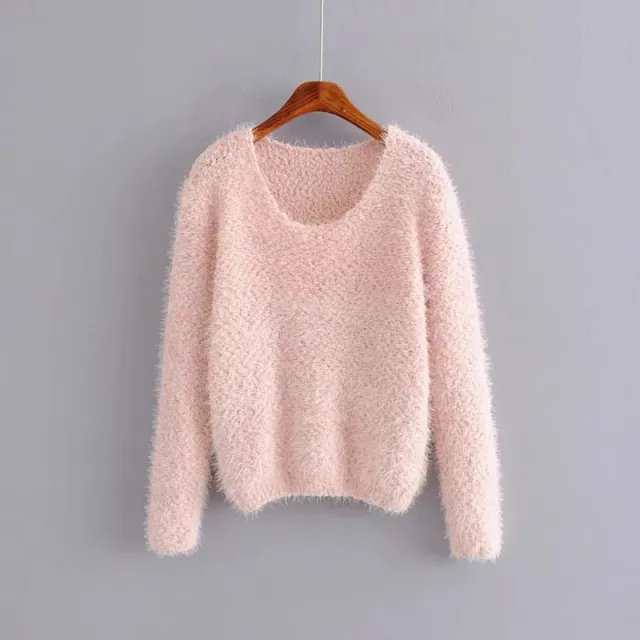 Solid Color Round Neck Pullover Short Pineapple Pin Sweater Pink - Shop at LoveMi