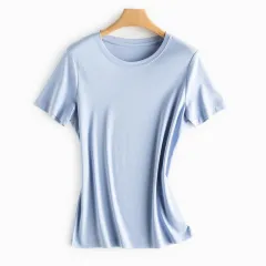 Mulberry Silk Women's Mercerized Cotton T-shirt Fine Solid Colour Round Neck Short Sleeves - Baby Blue - View 1