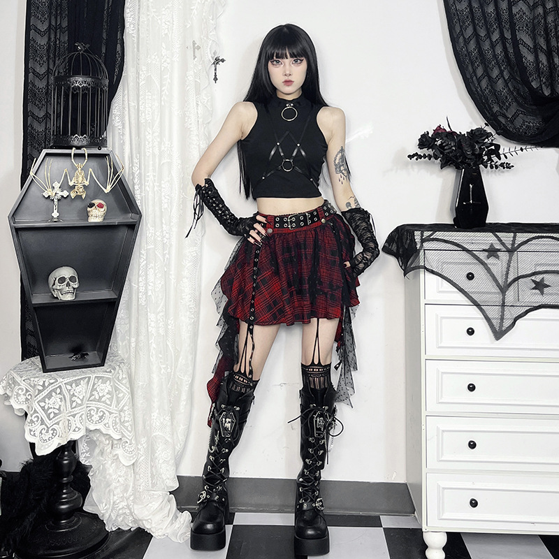 Black Plaid Polka-Dot Mesh Irregular Tutu Skirt