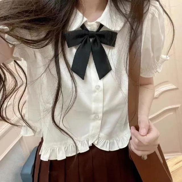 Women's Summer College Style Puff Sleeve White Short Sleeve Shirt Milky White Not With Bowknot - Shop at LoveMi