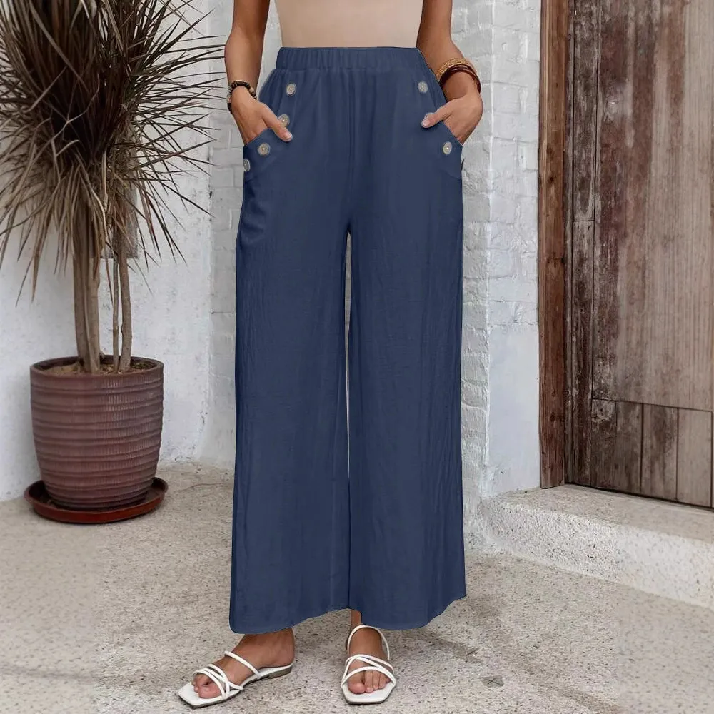 Women's Casual Pants Elastic High Waist Loose Solid Color Wide-leg Pants - Navy