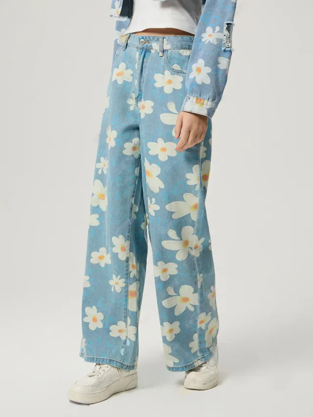 Vintage Flower Print Straight Jeans Blue - Shop at LoveMi