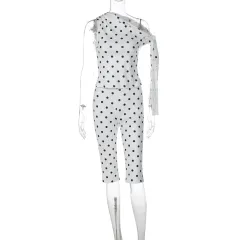 Women's One-shoulder Strap Polka-dot Tank Top And Shorts Set - White - View 1