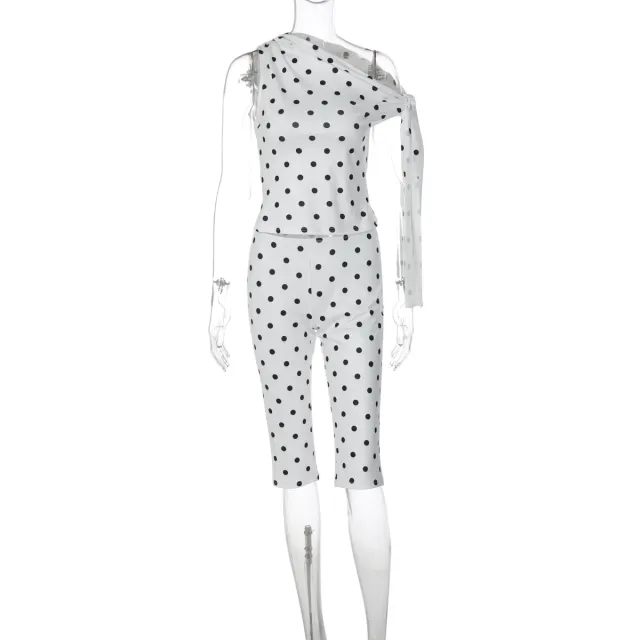 Women's One shoulder Strap Polka dot Tank Top And Shorts Set White - Shop at LoveMi
