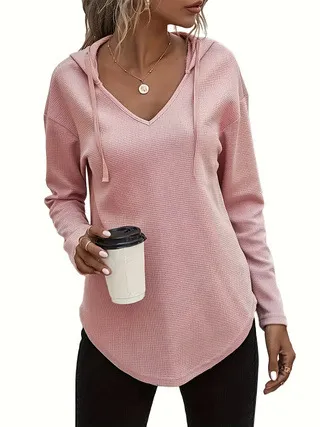 Women's Hoodie With Drawstrings V neck Plus Size Sweater Pink - Shop at LoveMi