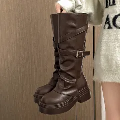 Women's Fashionable Vintage Chunky-Heel Over-the-Knee Boots - Khaki - View 1