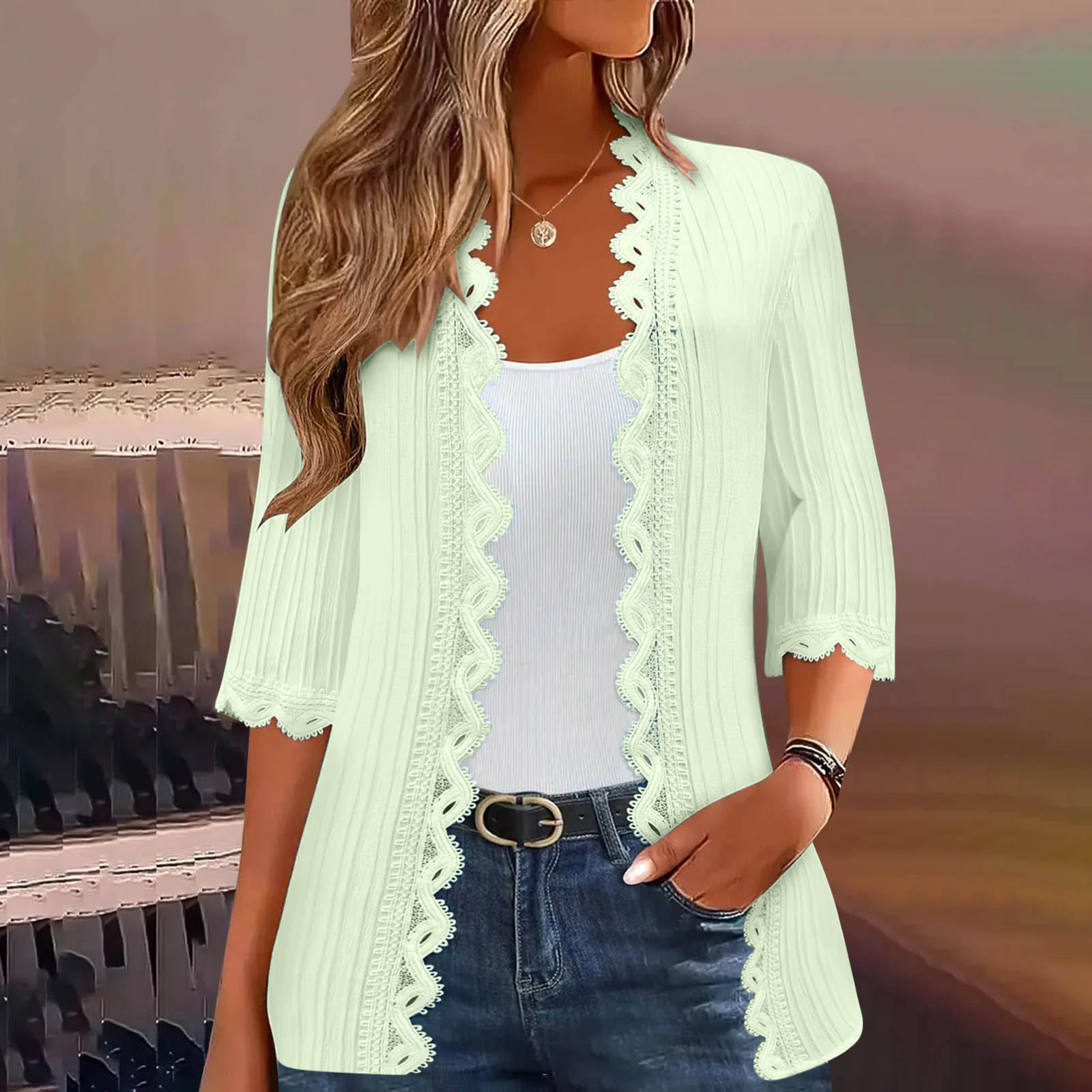 Lace-trimmed Short-Sleeve Cardigan Loose-fitting