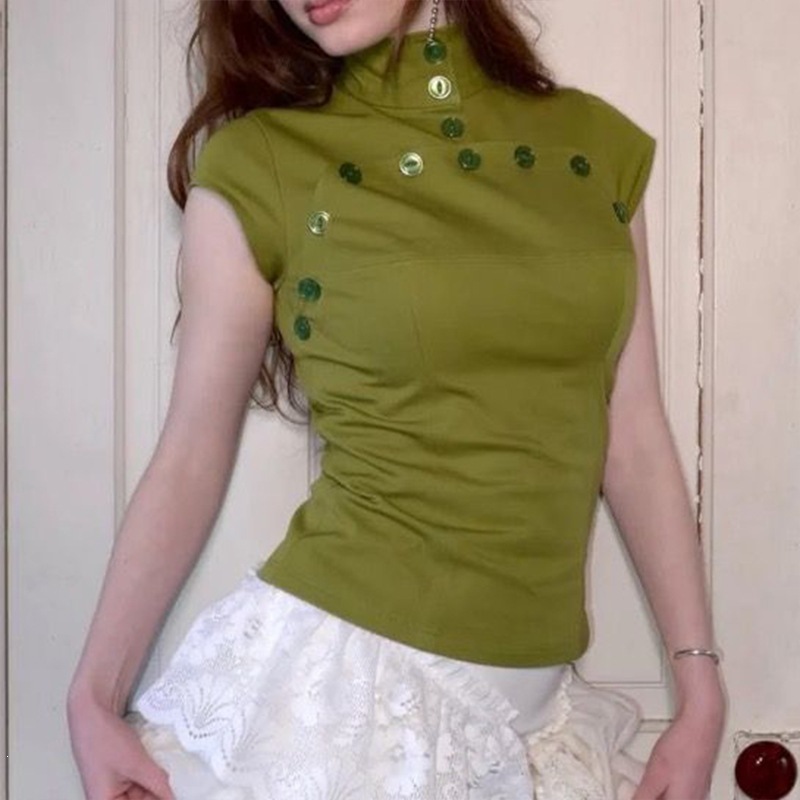 Vintage Button High Neck Top Wrinkle Resistant Polyester