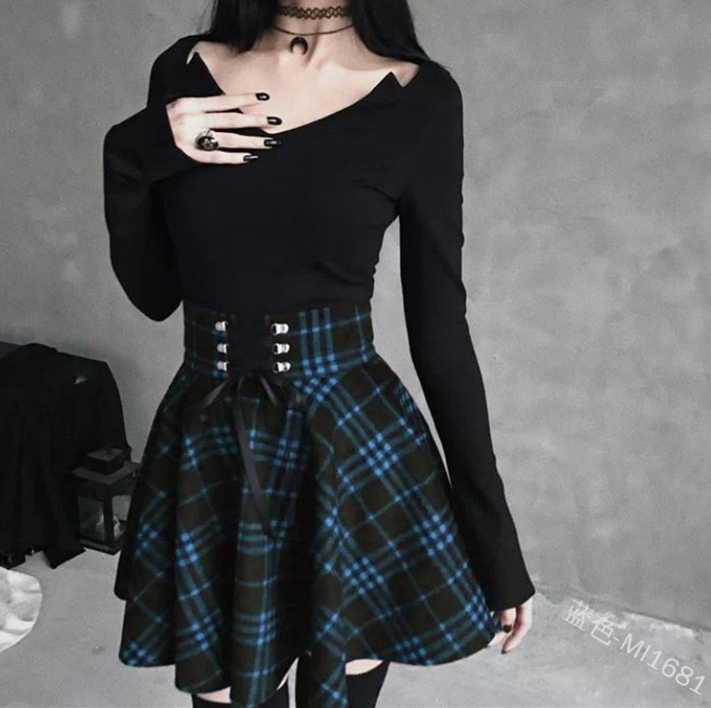 Women's Plaid Asymmetric Skirt Ribbon Waist Slimming Large Skirt Blue - Shop at LoveMi