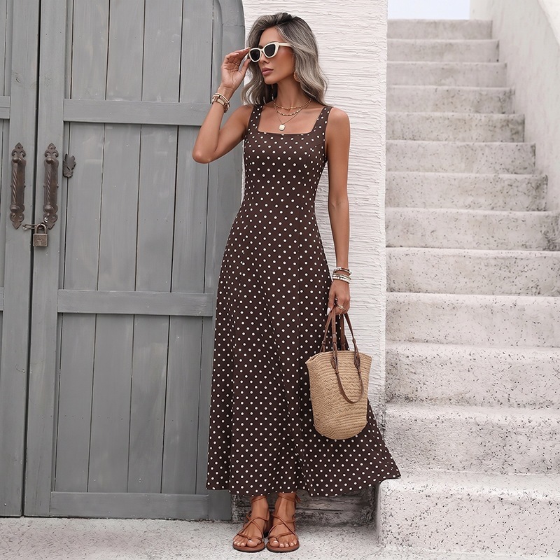 Square-neck Polka-dot Sleeveless Slip Dress For Women