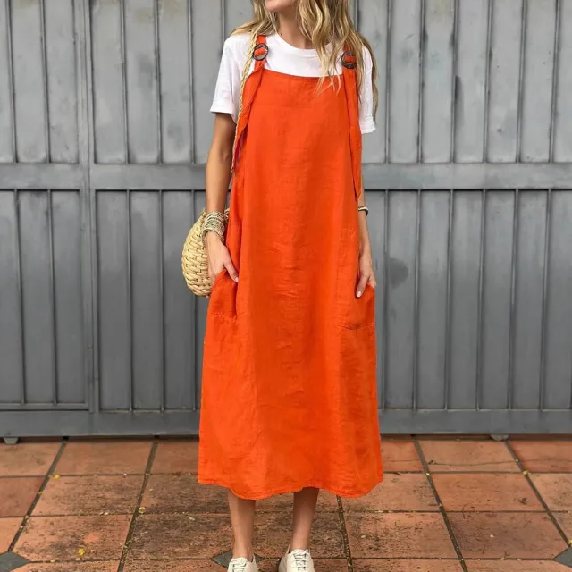 Summer Women's Adjustable Shoulder Strap Casual Cotton And Linen Dress Coral - Shop at LoveMi