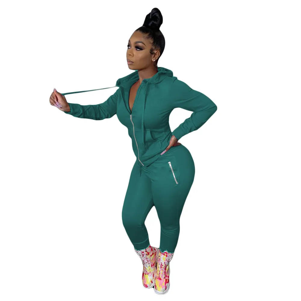 Solid Color Suit Personality Zipper Two-piece Set - Green