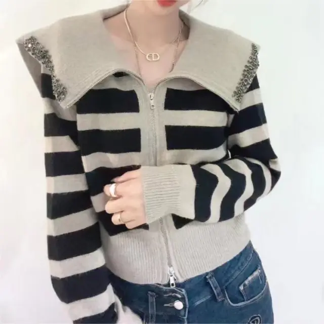 Sailor Collar Striped Sweater Coat Design Sense Niche Hot Drilling Khaki - Shop at LoveMi