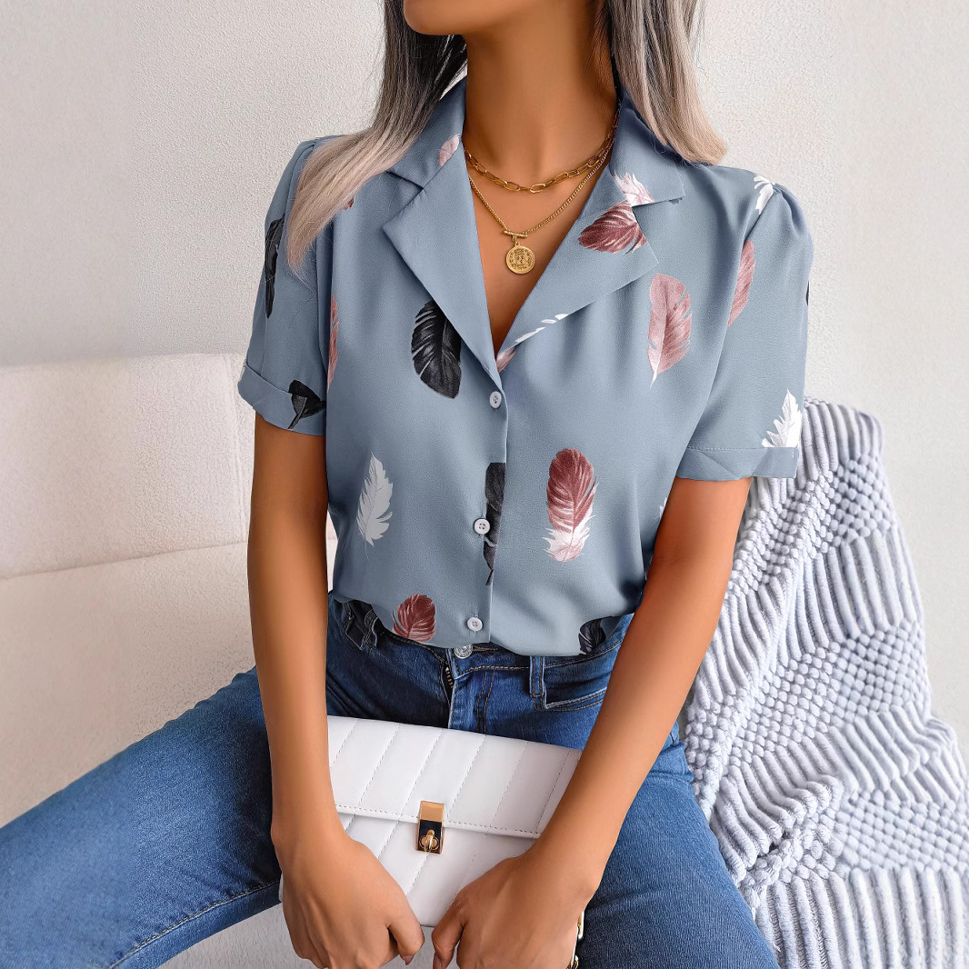 Elegant Womens Blazercollar Feather Top With A RelaxedShortsleeve Design