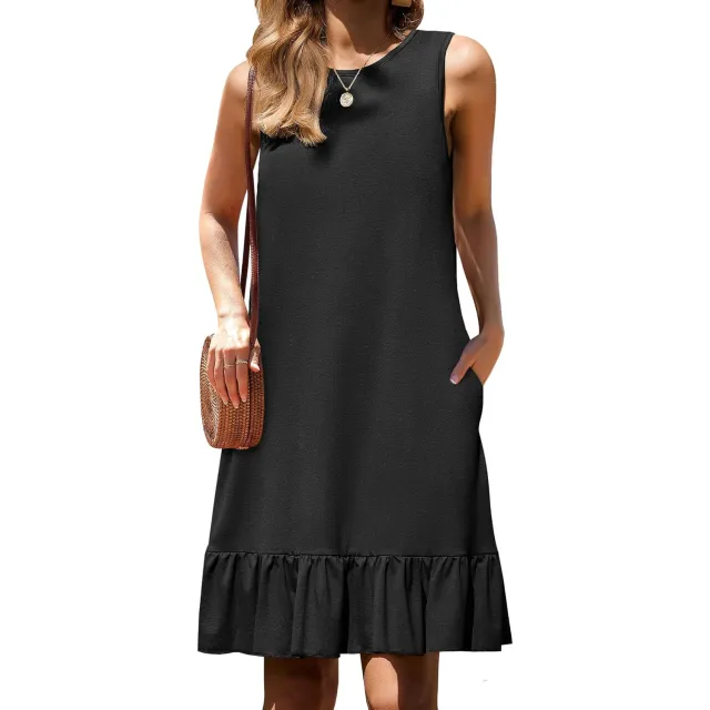 Women's Multicolor Floral Print Round Neck Pocket Vest Dress Black - Shop at LoveMi