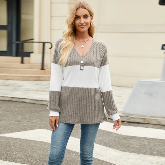 Women's Long Sleeve V collar Contrast Color Loose Top Khaki - Shop at LoveMi