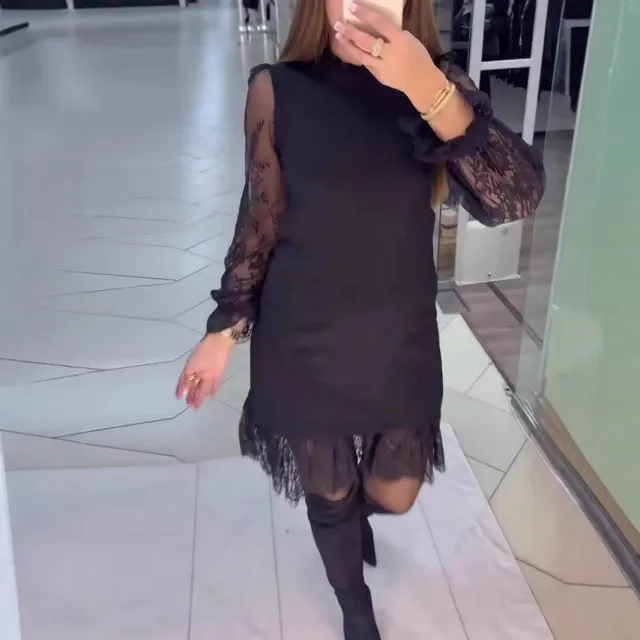 Fashionable Lace Sleeved All Match Slimming Frilly Long Sleeve Dress For Women Black - Shop at LoveMi