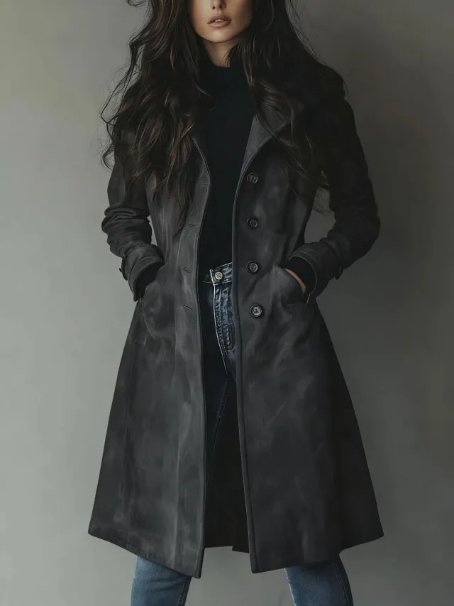 Womens Western Style Long Trench Coat For Fall And Winter Gray - Shop at LoveMi