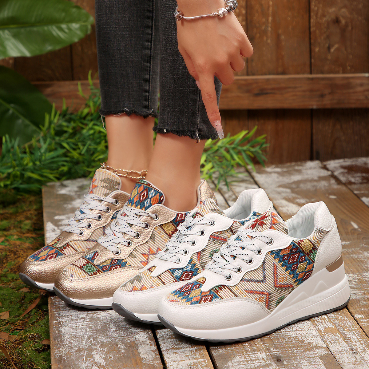 Ethnic-style Color-block Fabric Casual Sports Shoes For Women