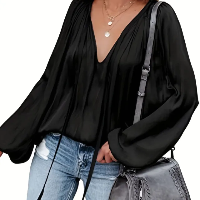 Women's Satin V neck Long Sleeve Shirt Casual Black - Shop at LoveMi