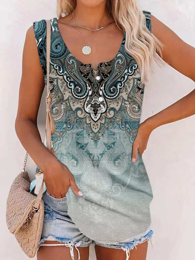 Women's Printed Loose Casual Vest Sea Blue - Shop at LoveMi