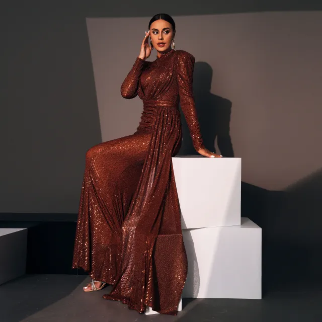 Long Sleeve Round Neck Sexy Slim Long Sequined Banquet Dress Brown - Shop at LoveMi