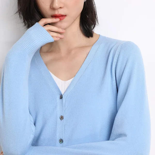 Knitted Cardigan Long Sleeve Button V neck Cropped Sweater Coat Sky Blue - Shop at LoveMi