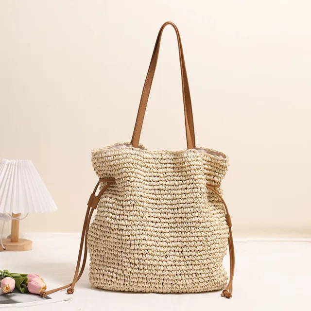 Large Capacity Straw Bag Drawstring Hand carrying Knitting Shoulder Bag Beige - Shop at LoveMi