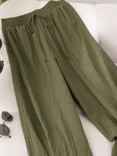 Elastic Waist Wide Leg Pants Cotton Loose Trousers - Army Green - View 1