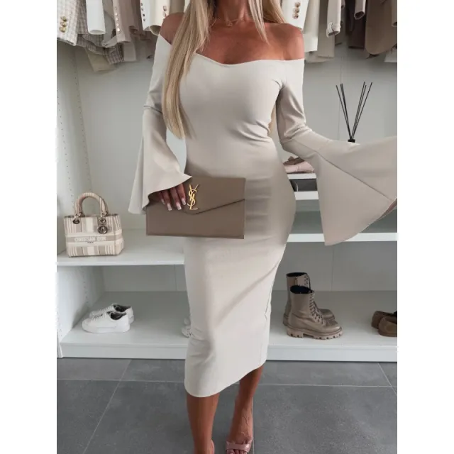 Solid Color Niche Design Off neck Flared Long Sleeve Dress Apricot - Shop at LoveMi