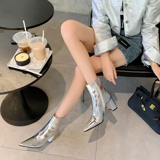 Chunky Heel Retro Ankle Boots Women Pointed French Silver - Shop at LoveMi